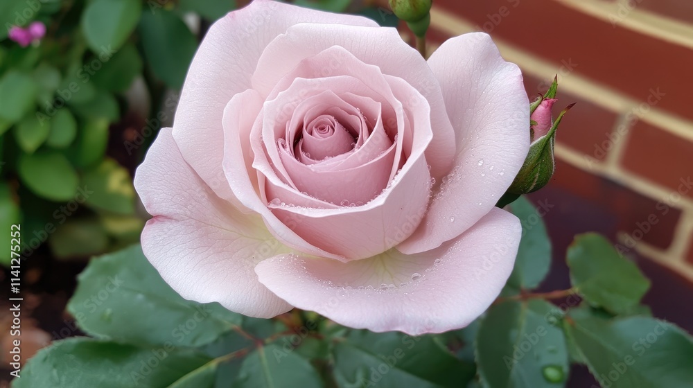 Close-Up of a Beautiful Soft Pink Rose Blossom with Dew Drops in a Garden Setting Against a Rustic Brick Background, Showcasing Nature's Delicate Beauty and Colors Close-Up of a Beautiful Soft Pink Rose Blossom with Dew Drops in a Garden Setting Against a Rustic Brick Background, Showcasing Nature's Delicate Beauty and Colors