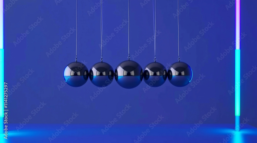 Modern Newton's Cradle with Neon Lighting. This image is perfect for illustrating concepts in physics, showcasing modern design, or adding a touch of scientific elegance to any project. Modern Newton's Cradle with Neon Lighting. This image is perfect for illustrating concepts in physics, showcasing modern design, or adding a touch of scientific elegance to any project.