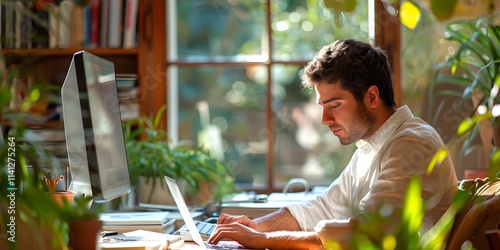 programmer working from home, large windows illuminate the room, he is working with a computer and a laptop.
