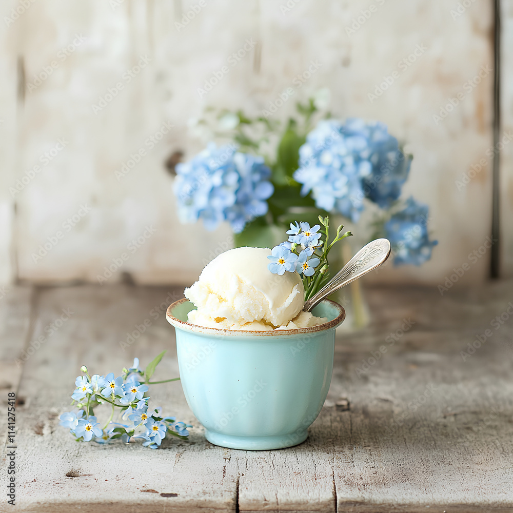 Creamy Coconut Ice Cream in Pastel Blue Cup with Elegant Floral Decor
Creamy Coconut Ice Cream in Pastel Blue Cup with Elegant Floral Decor
