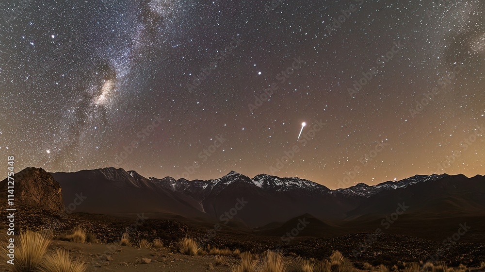 Milky Way galaxy shining over snow-capped mountains at night. Milky Way galaxy shining over snow-capped mountains at night.