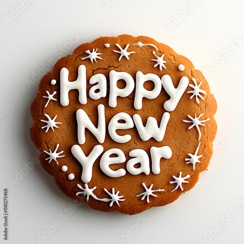 A round, golden-brown cookie decorated with white icing spells out "Happy New Year" and is adorned with snowflake designs.