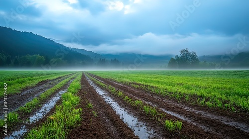 Misty morning over a lush green field with tire tracks in the mud.