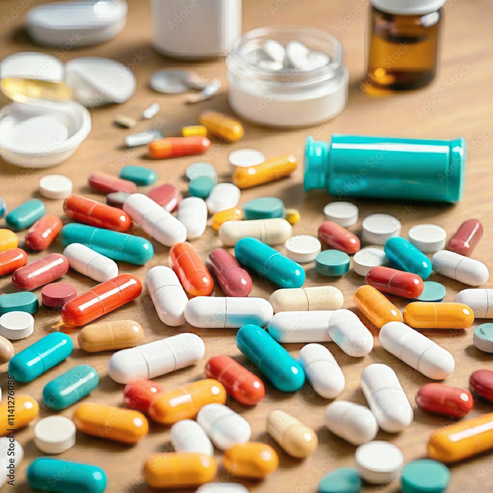 Generative ai pile of pills capsules and tablets on the doctor's table Generative ai pile of pills capsules and tablets on the doctor's table