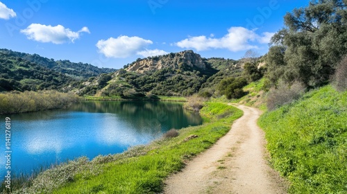 Scenic Landscape of a Serene Pathway Along a Calm Lake Surrounded by Lush Green Hills and Clear Blue Sky in a Picturesque Natural Environment
