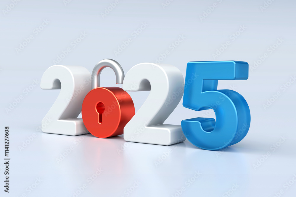 2025 with open red padlock symbolizing opportunities, security, freedom, and fresh start for the new year on clean white background, 3d rendering