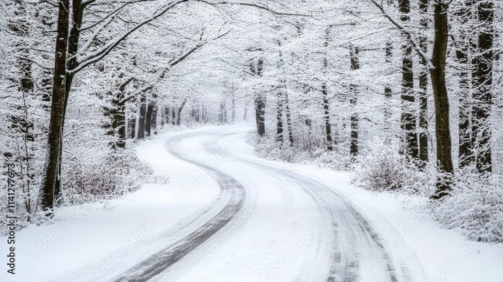 Serene Snowy Road Curving Through a Winter Forest Surrounded by White Trees and Quiet Nature in a Peaceful Landscape Scenery Serene Snowy Road Curving Through a Winter Forest Surrounded by White Trees and Quiet Nature in a Peaceful Landscape Scenery
