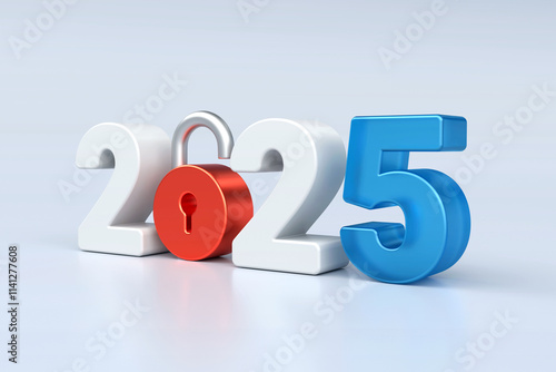 Obraz na płótnie 2025 with open red padlock symbolizing opportunities, security, freedom, and fresh start for the new year on clean white background, 3d rendering w salonie