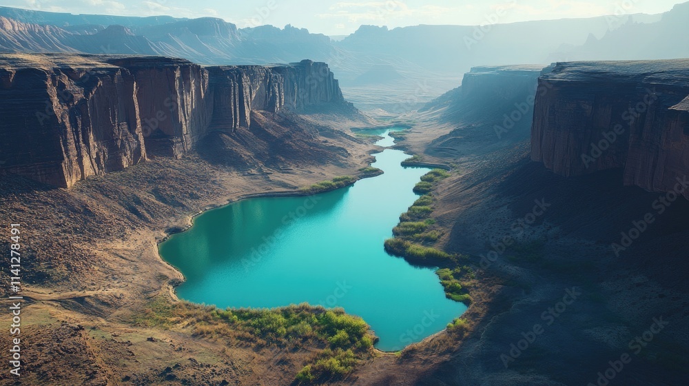 Naklejka premium Breathtaking Aerial View of Serene River Surrounded by Majestic Cliffs and Lush Green Vegetation in an Arid Landscape at Sunrise