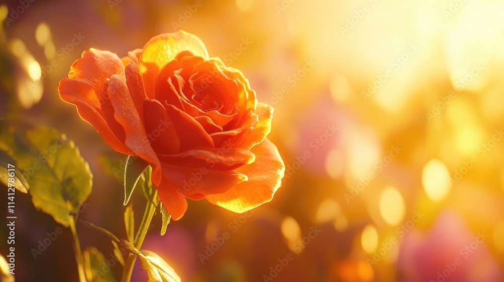 Fototapeta premium Beautiful orange rose blooming in a sunlit garden, showcasing delicate petals and vibrant colors, surrounded by a warm, glowing background of soft floral hues