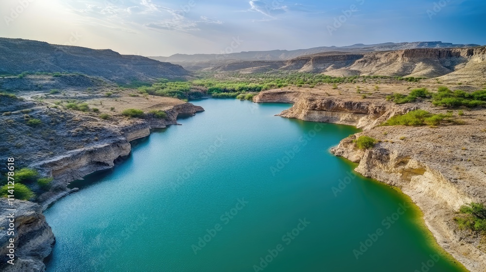 Serene Aerial View of a Tranquil Blue Lake Surrounded by Dry Rocky Mountains Under a Clear Sky in a Beautiful Landscape during Daylight Serene Aerial View of a Tranquil Blue Lake Surrounded by Dry Rocky Mountains Under a Clear Sky in a Beautiful Landscape during Daylight