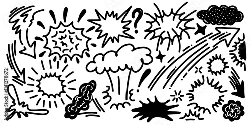 Comic boom effect. Cartoon vector bomb burst. Bang and pow splashes. Doodle smoke and speed energy lines.collection of Action crash hand drawn doodle.