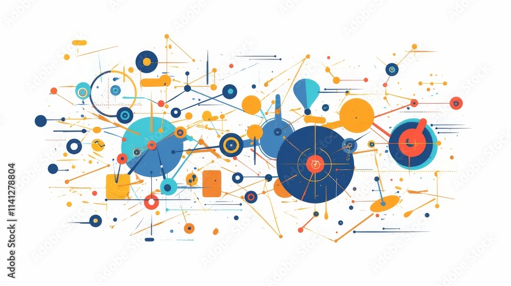Geometric network graphic illustration featuring connected circles, representing innovation and future engineering elements in a flat design style. Geometric network graphic illustration featuring connected circles, representing innovation and future engineering elements in a flat design style.