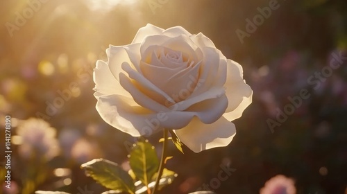 Beautiful White Rose in Sunlight with Soft Bokeh Background, Symbolizing Purity and Love, Captured in a Serene Garden Setting During Golden Hour