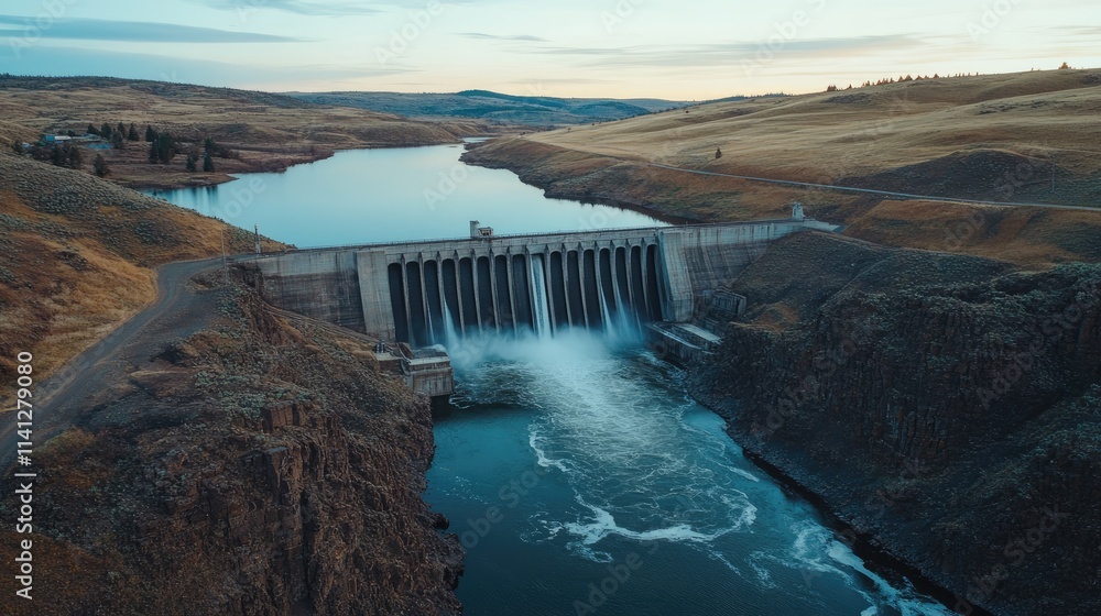 Aerial View of a Modern Hydro Power Dam Surrounded by Scenic Landscape at Dusk with Calm Waters and Flowing River Aerial View of a Modern Hydro Power Dam Surrounded by Scenic Landscape at Dusk with Calm Waters and Flowing River