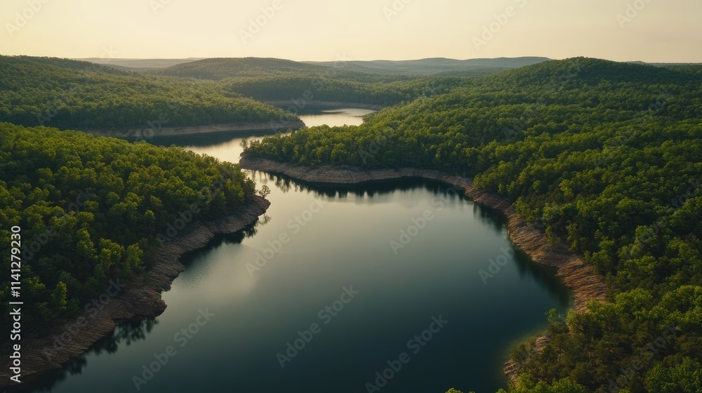 Serene Aerial View of Lush Green Forests Surrounding a Tranquil Lake During Sunset in the Heart of Nature's Wilderness Serene Aerial View of Lush Green Forests Surrounding a Tranquil Lake During Sunset in the Heart of Nature's Wilderness