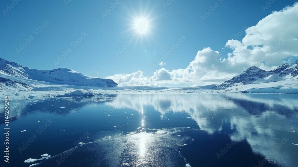 Fototapeta premium Antarctic landscape serene, icy waters reflecting a brilliant sun and snow-capped mountains under a partly cloudy sky.