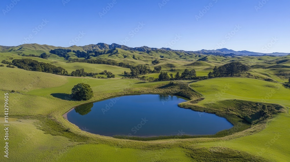 Serene Aerial View of a Tranquil Pond Surrounded by Lush Green Rolling Hills Under Clear Blue Sky in a Picturesque Landscape Serene Aerial View of a Tranquil Pond Surrounded by Lush Green Rolling Hills Under Clear Blue Sky in a Picturesque Landscape