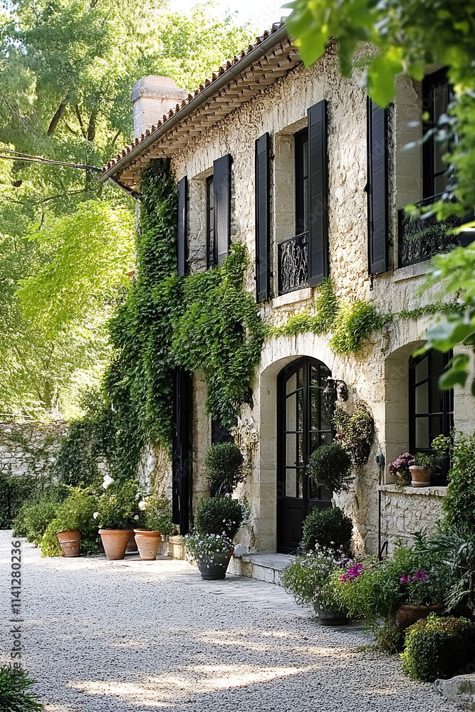 An elegant stone house in the south of France, with black shutters and ivy-covered walls leading to an outdoor courtyard surrounded by lush greenery. The scene is bathed in soft sunlight. An elegant stone house in the south of France, with black shutters and ivy-covered walls leading to an outdoor courtyard surrounded by lush greenery. The scene is bathed in soft sunlight.