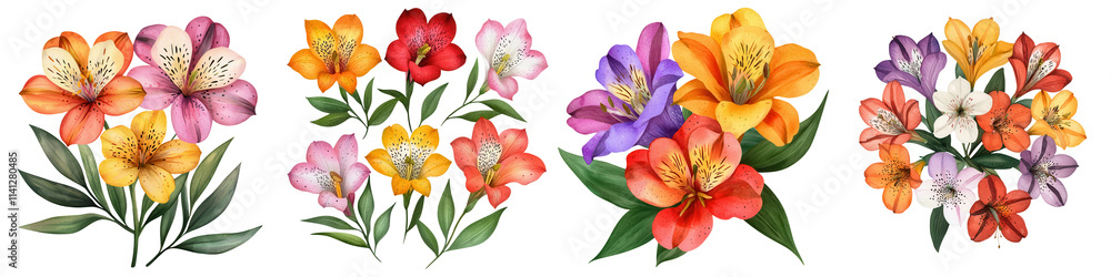 Fototapeta premium Colorful alstroemeria flowers in various arrangements, showcasing beauty and vibrancy, isolated on transparent background.