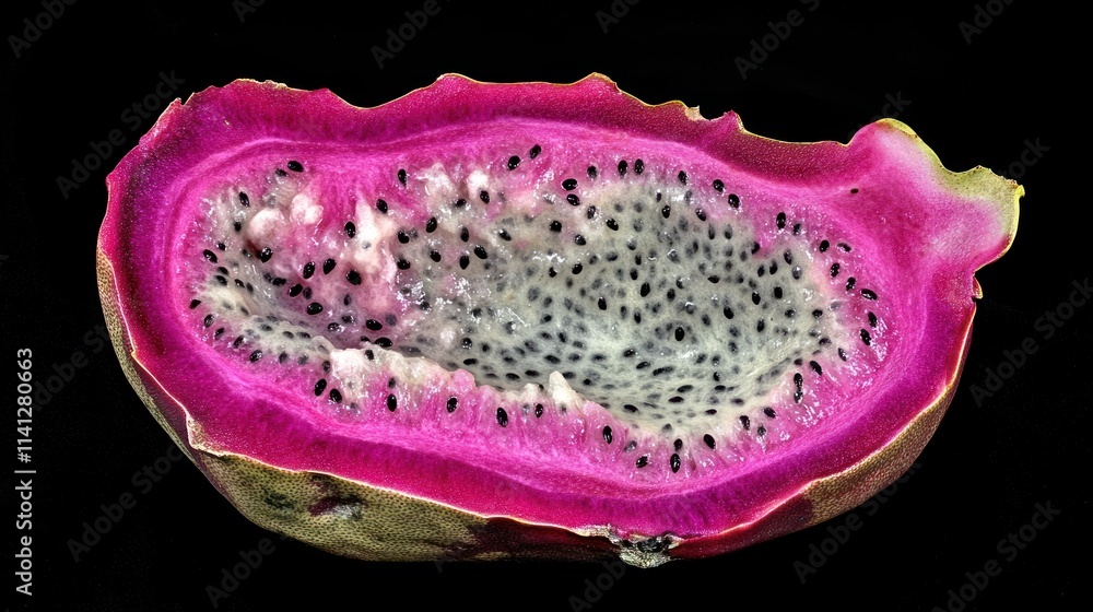Close-up of a vibrant pink dragon fruit slice, showcasing the interior seeds. (1) Close-up of a vibrant pink dragon fruit slice, showcasing the interior seeds. (1)