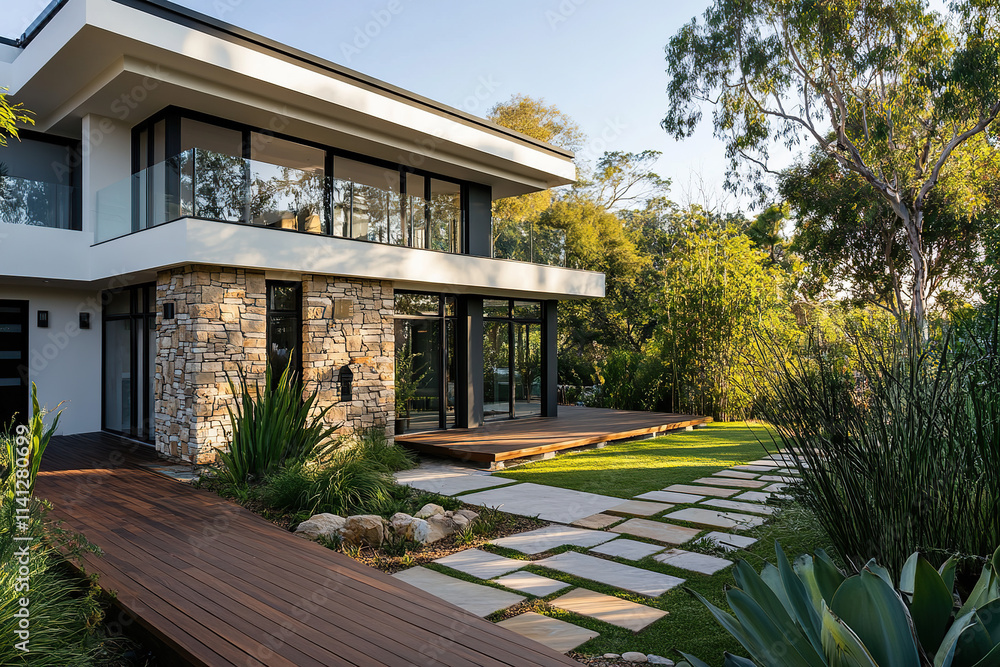 Fototapeta premium A contemporary house in the Hollywood Hills, with stone and wood accents, featuring large windows overlooking the lush green backyard that includes an elegant wooden deck with stone walkways.