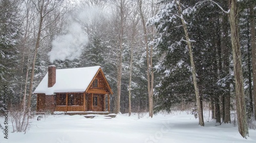 Cozy cabin in snowy woods, smoke rising from chimney.