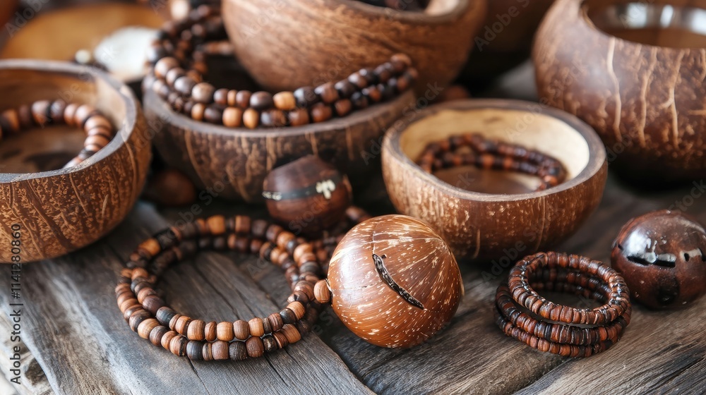 Collection of Handmade Wooden Accessories in Natural and Earthy Colors on Rustic Wooden Surface, Including Bracelets and Decorative Bowls for Home Decor Collection of Handmade Wooden Accessories in Natural and Earthy Colors on Rustic Wooden Surface, Including Bracelets and Decorative Bowls for Home Decor