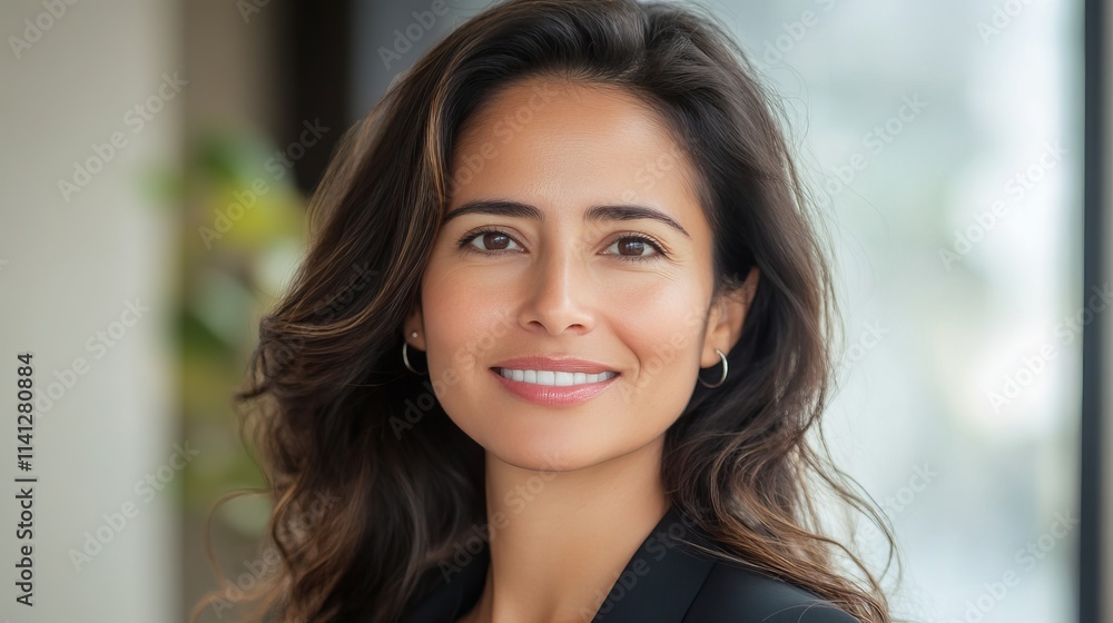 A close-up headshot of a stunning, prosperous young Hispanic businesswoman who exudes confidence in front of the camera. Standing at her office is a smiling middle-aged Latina. A close-up headshot of a stunning, prosperous young Hispanic businesswoman who exudes confidence in front of the camera. Standing at her office is a smiling middle-aged Latina.
