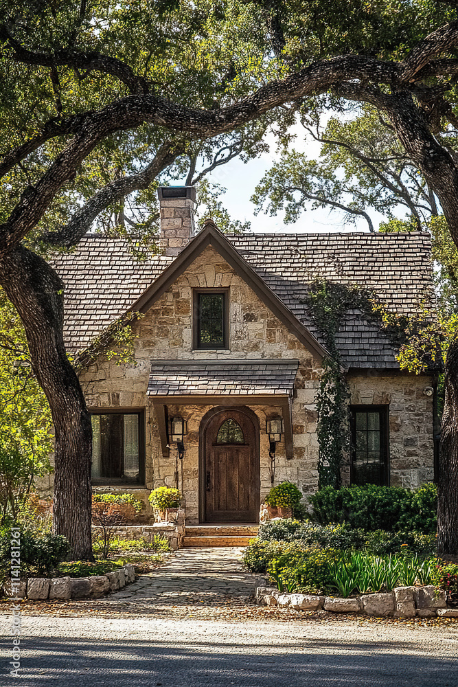 A rustic, two-story stone and wood house in the quaint style of the Texas Hill Country stands on an oak tree-lined street. The front door is framed by large black windows that cast deep shadows. A rustic, two-story stone and wood house in the quaint style of the Texas Hill Country stands on an oak tree-lined street. The front door is framed by large black windows that cast deep shadows.