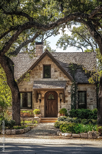 A rustic, two-story stone and wood house in the quaint style of the Texas Hill Country stands on an oak tree-lined street. The front door is framed by large black windows that cast deep shadows.