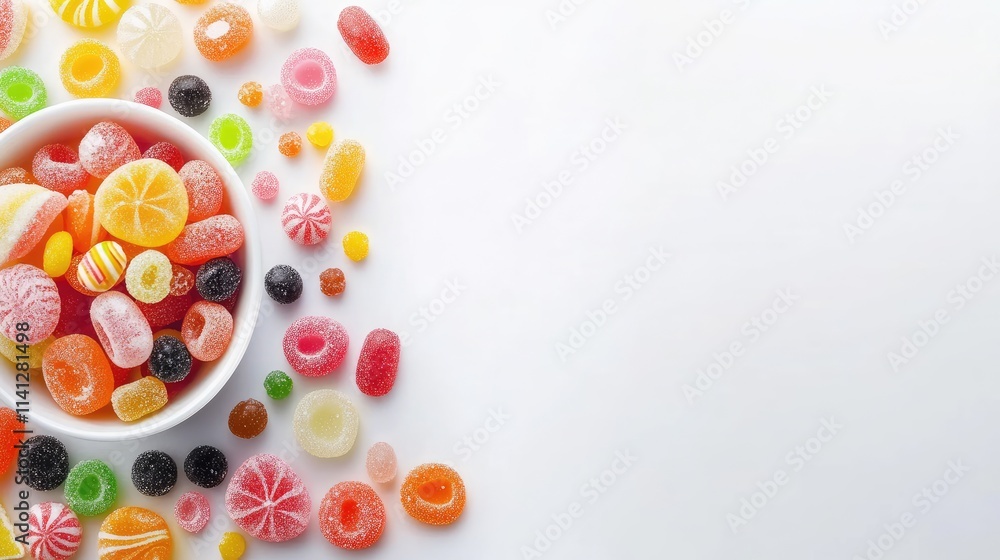 Obraz premium Colorful Assortment of Delicious Candy Spilled from White Bowl on Bright Background with Space for Text and Playful Atmosphere of Sweet Treats