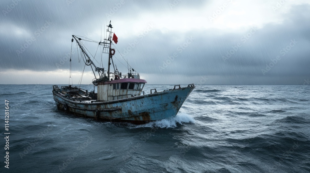 Obraz premium Sea expedition: fishing vessel gliding across waves, symbolizing resilience, allure of aquatic life, timeless tradition of fishing that connects communities with their rich maritime heritage.