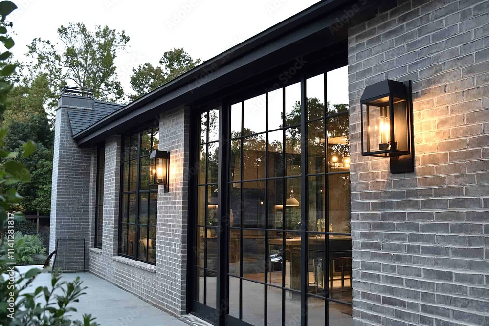 Black steel-framed windows on the side of an exterior wall with light grey brick, a house in a broad, shallow, narrow block shape, black steel window frames, a modern farmhouse-style home. Black steel-framed windows on the side of an exterior wall with light grey brick, a house in a broad, shallow, narrow block shape, black steel window frames, a modern farmhouse-style home.