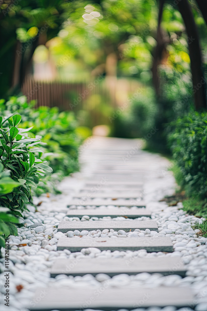 A beautiful garden with a stone path, green plants and trees, depth of field, bokeh, close-up, photography, professional camera, white pebbles on the ground,light tones,fresh colors,blurred background A beautiful garden with a stone path, green plants and trees, depth of field, bokeh, close-up, photography, professional camera, white pebbles on the ground,light tones,fresh colors,blurred background