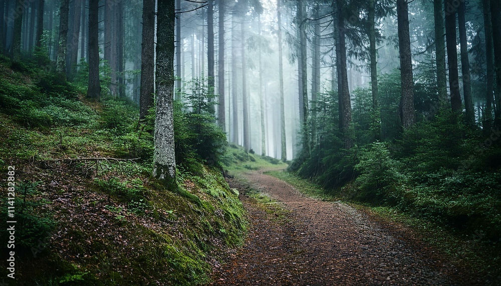 Obraz premium Peaceful forest trail with dappled sunlight creating a calm atmosphere for nature photography 