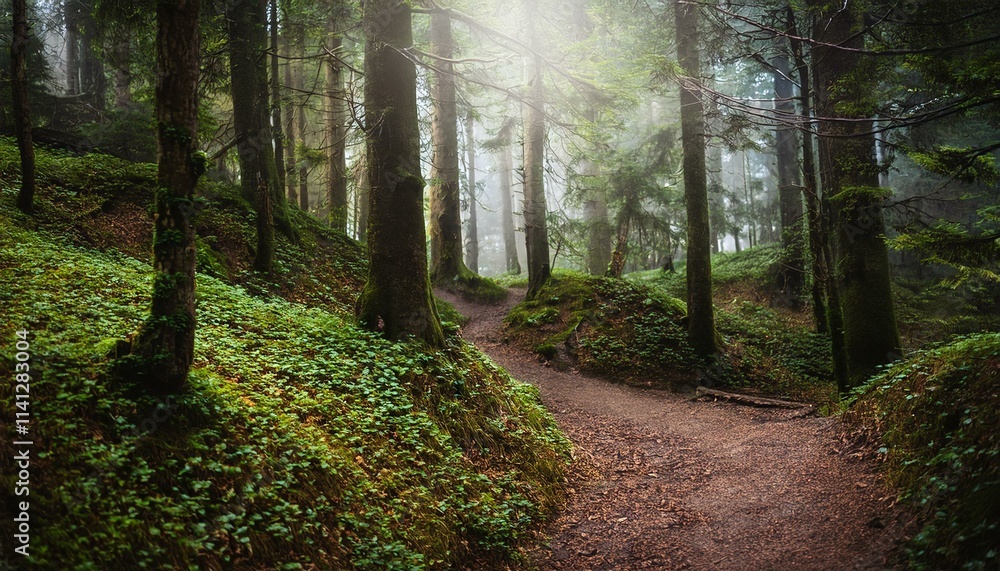 Obraz premium Atmospheric forest trail with sunlight filtering through trees creating a serene nature photography scene 