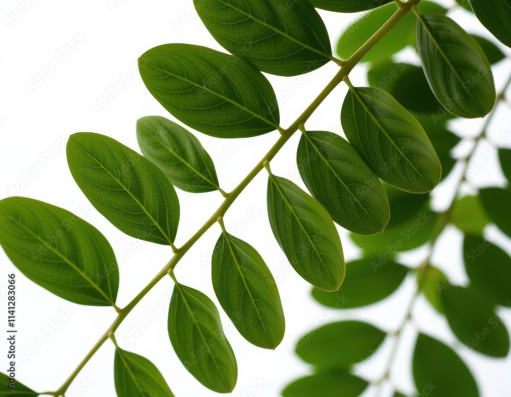 A lush, emerald-green branch stretches diagonally across the frame, bursting with vibrant leaves that dance towards the brilliant white sky above A lush, emerald-green branch stretches diagonally across the frame, bursting with vibrant leaves that dance towards the brilliant white sky above