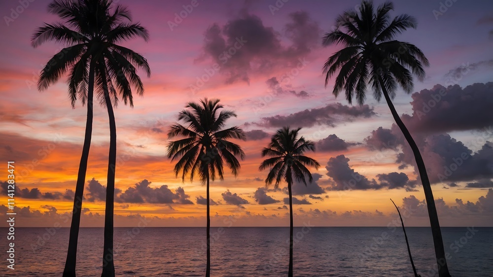 Foxtail Palms at Sunset: Silhouettes Framed by a Vibrant Tropical Island Horizon Foxtail Palms at Sunset: Silhouettes Framed by a Vibrant Tropical Island Horizon