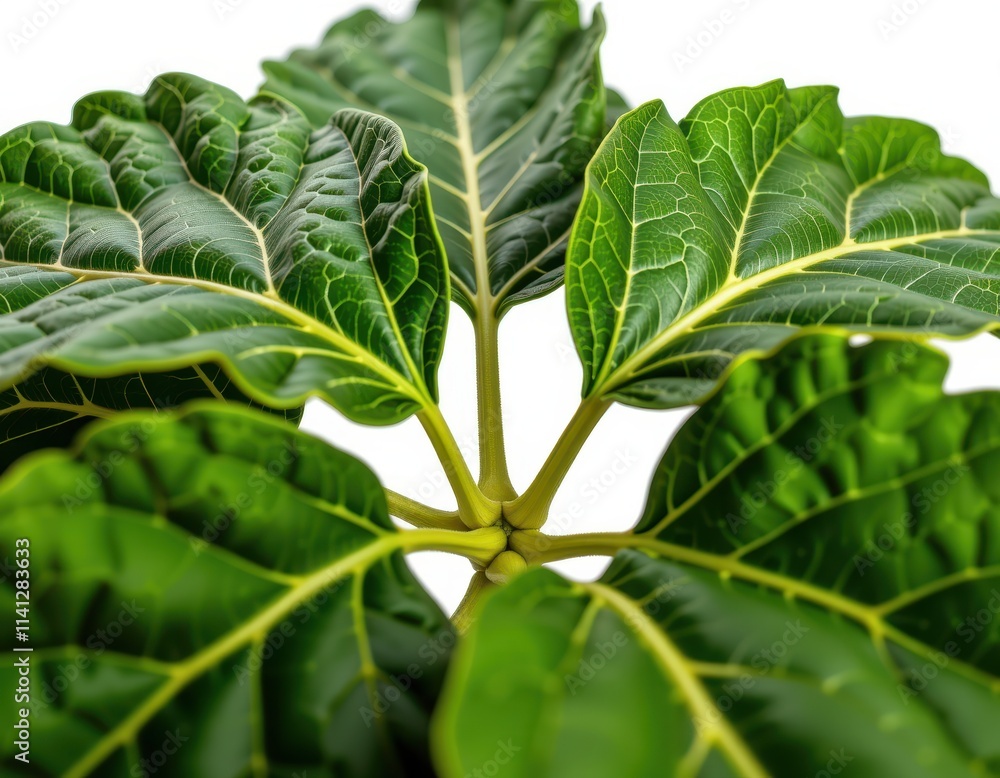 Delicate, emerald-green leaves form a perfect symmetry around the central stem, set against a crisp white backdrop, creating a visually striking still life of natural beauty Delicate, emerald-green leaves form a perfect symmetry around the central stem, set against a crisp white backdrop, creating a visually striking still life of natural beauty