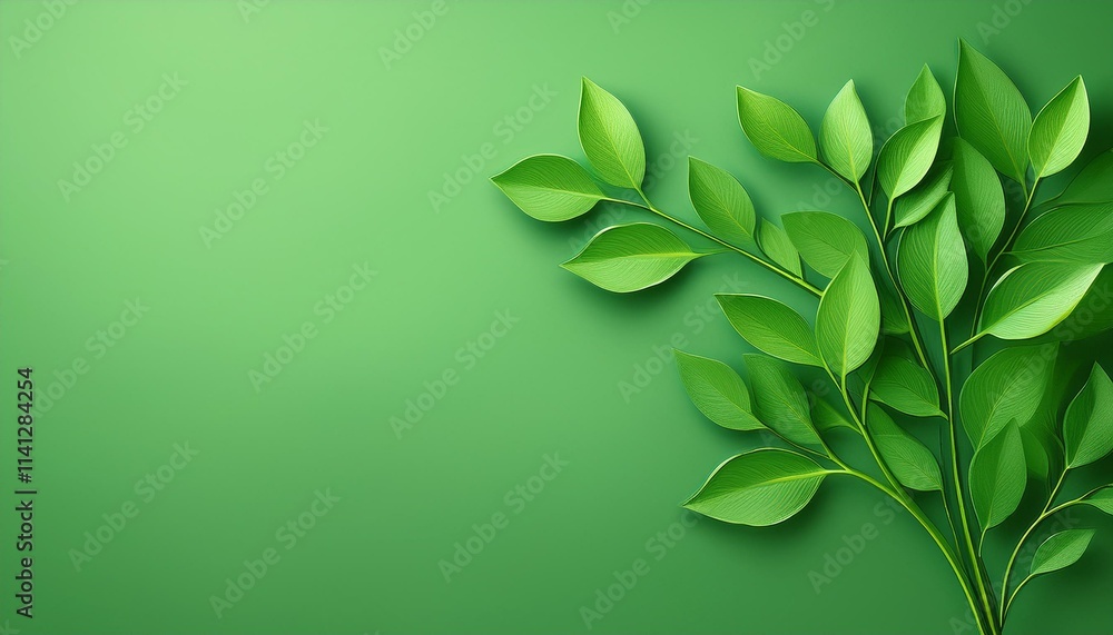 Fototapeta premium Fresh sprig of green ruscus with green leaves on a green color background with copy space 