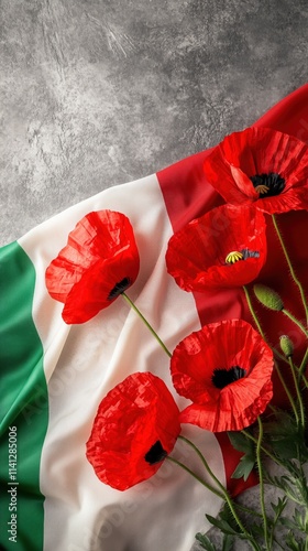 Red poppy flowers on background with Italy flag. Liberation day holiday. Festa della liberazione