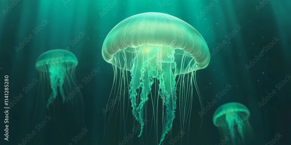Bioluminescent Jellyfish in Deep Ocean Bioluminescent Jellyfish in Deep Ocean