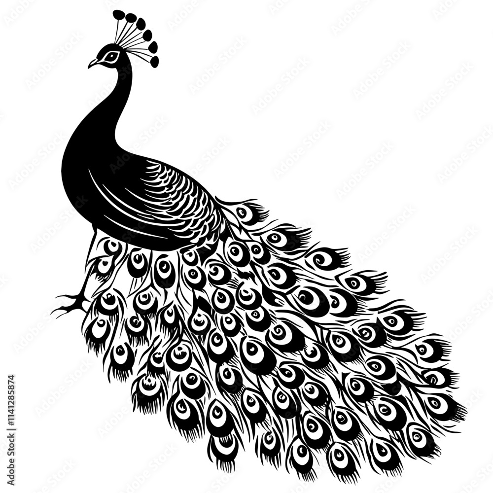 Fototapeta premium Black and white peacock illustration.