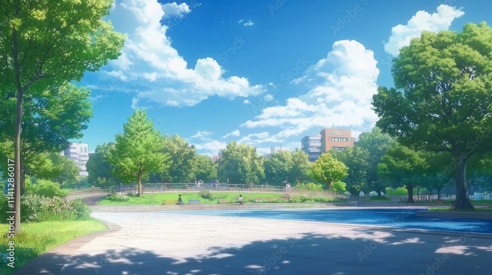 A beautiful park scene featuring lush green trees, a clear blue sky, and a peaceful atmosphere. A beautiful park scene featuring lush green trees, a clear blue sky, and a peaceful atmosphere.
