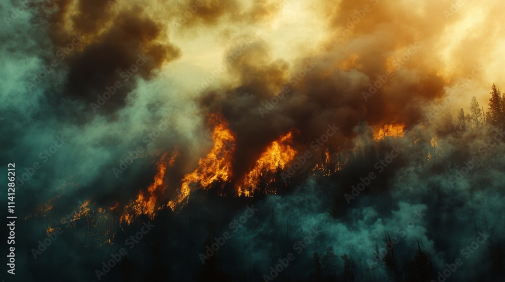 Intense wildfire engulfing a forest, billowing dark smoke and fiery flames against a dramatic sky. Intense wildfire engulfing a forest, billowing dark smoke and fiery flames against a dramatic sky.
