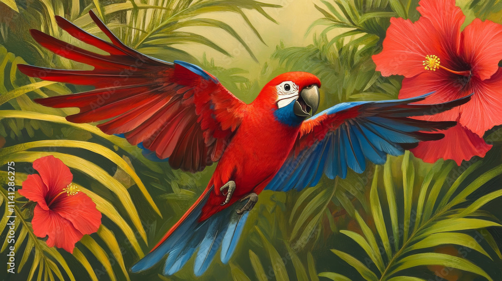 Fototapeta premium vibrant crimson rosella in flight, showcasing its striking red and blue feathers against lush tropical backdrop with hibiscus flowers. scene evokes sense of freedom and beauty