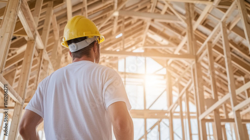 construction worker in yellow hard hat observes building site, surrounded by wooden frames and beams, as sunlight streams through structure