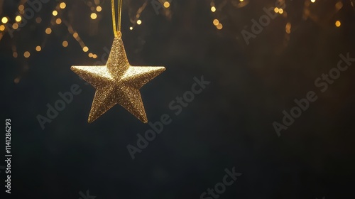 Gold star light hanging on dark backgroundGold star light hanging on dark background photo