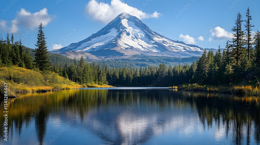 Ice Mount with lake reflection and pine tree in the middle Ice Mount with lake reflection and pine tree in the middle